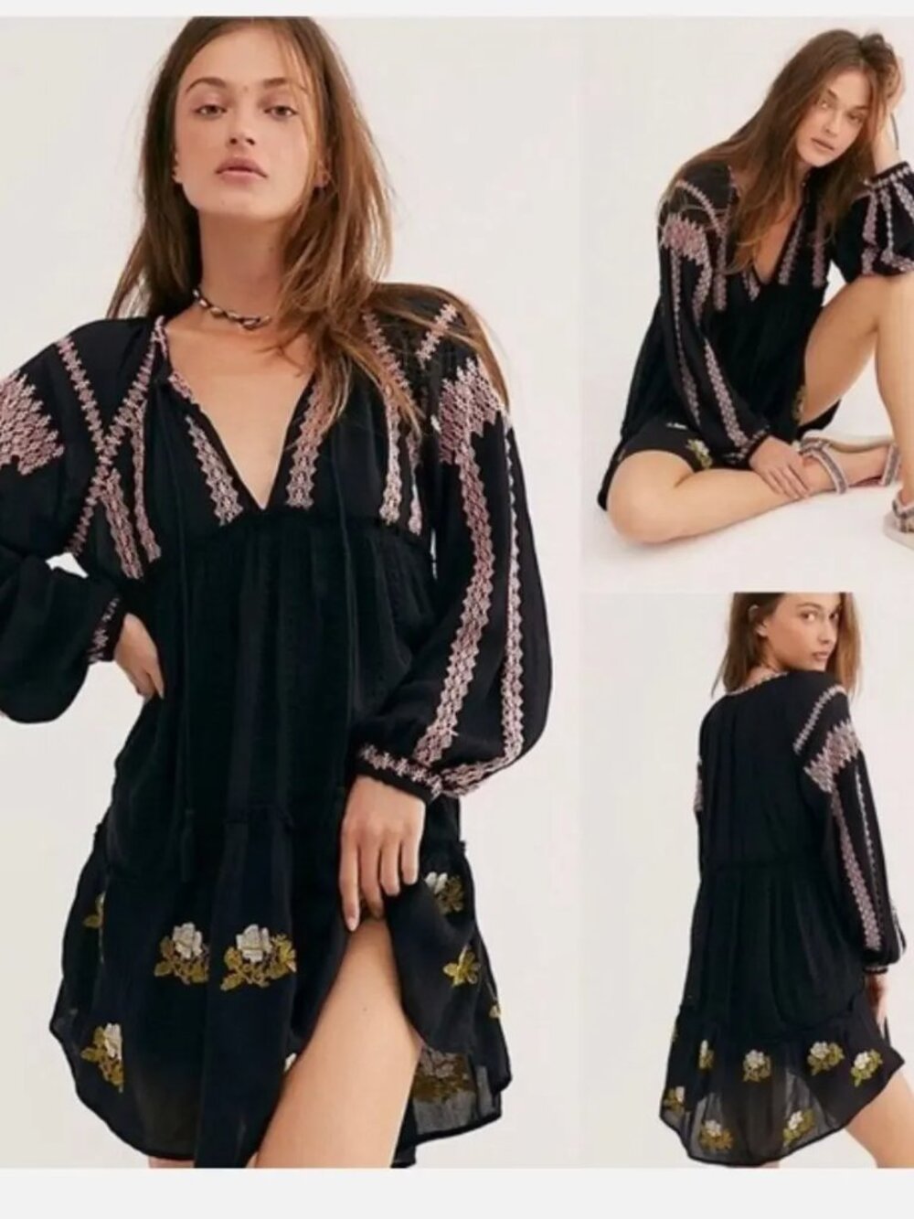 Free People Black Bohemian Gypsy Wild Horse Long Sleeve Tunic Mini Dress